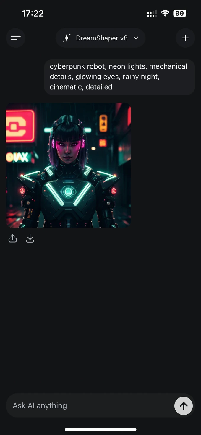 DreamShaper v8 generating a cyberpunk portrait locally on iPhone