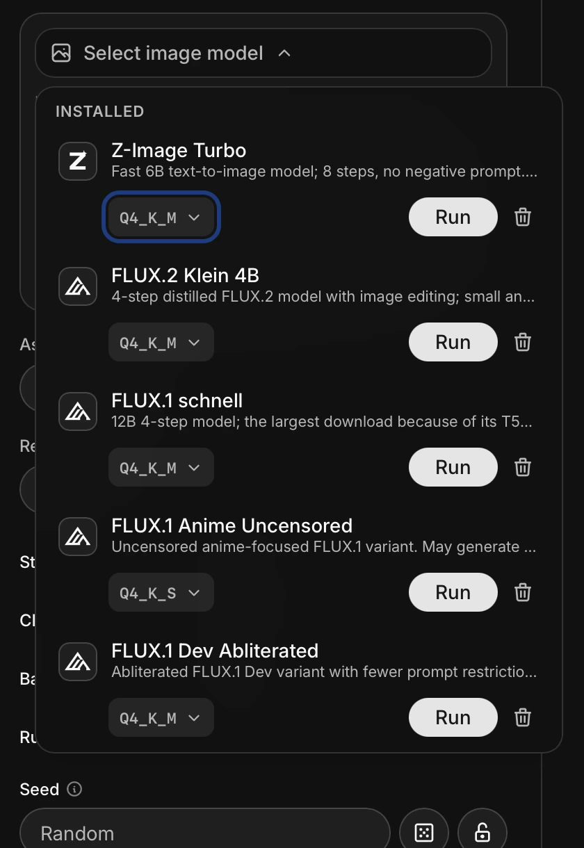 Atomic Chat model picker showing installed Z-Image Turbo, FLUX.2 Klein 4B and FLUX.1 schnell with Run controls