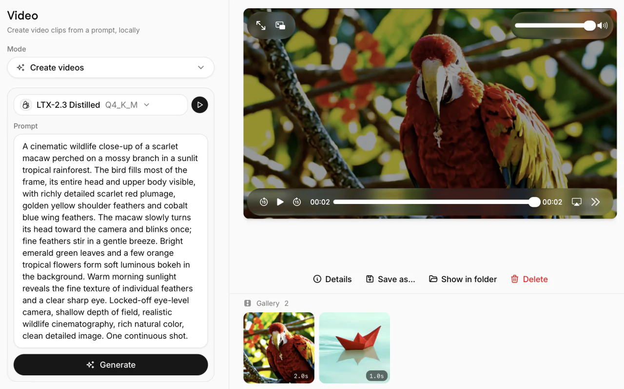 Atomic Chat video generator showing a scarlet macaw clip