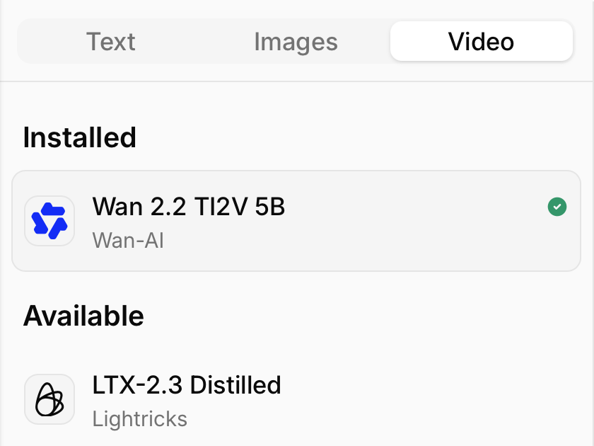Atomic Chat Video catalog with Wan 2.2 TI2V 5B and LTX-2.3 Distilled