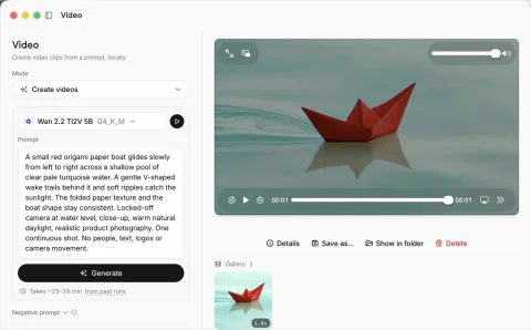 Atomic Chat video workspace with a prompt and generated paper boat