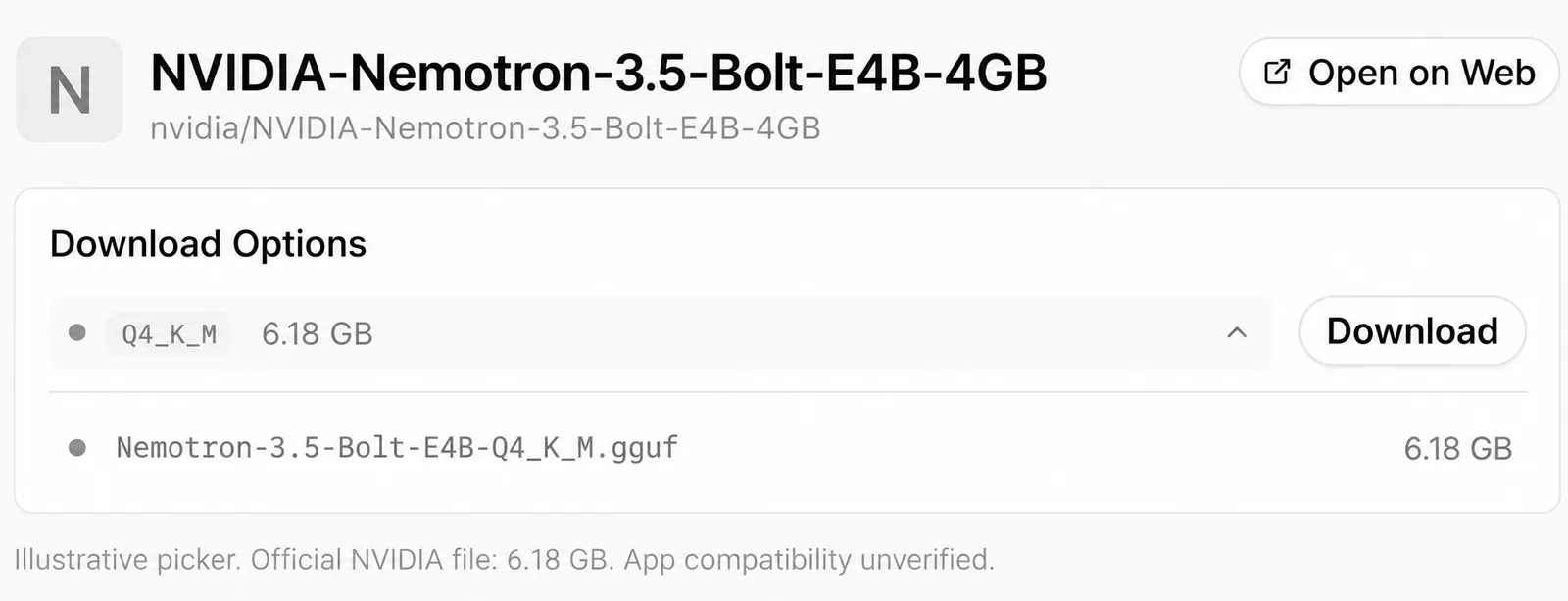 Illustrative Atomic Chat picker with the official Nemotron-3.5-Bolt-E4B-Q4_K_M.gguf filename and 6.18 GB size; compatibility unverified