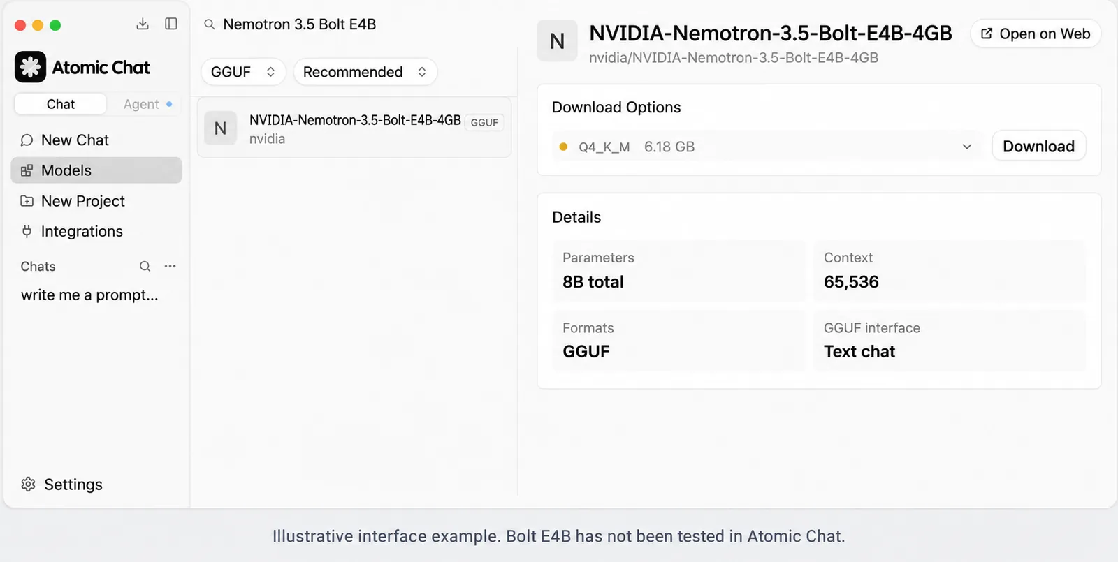 Illustrative Atomic Chat model-browser example with edited NVIDIA Bolt E4B repository labels; not a verified search or model run