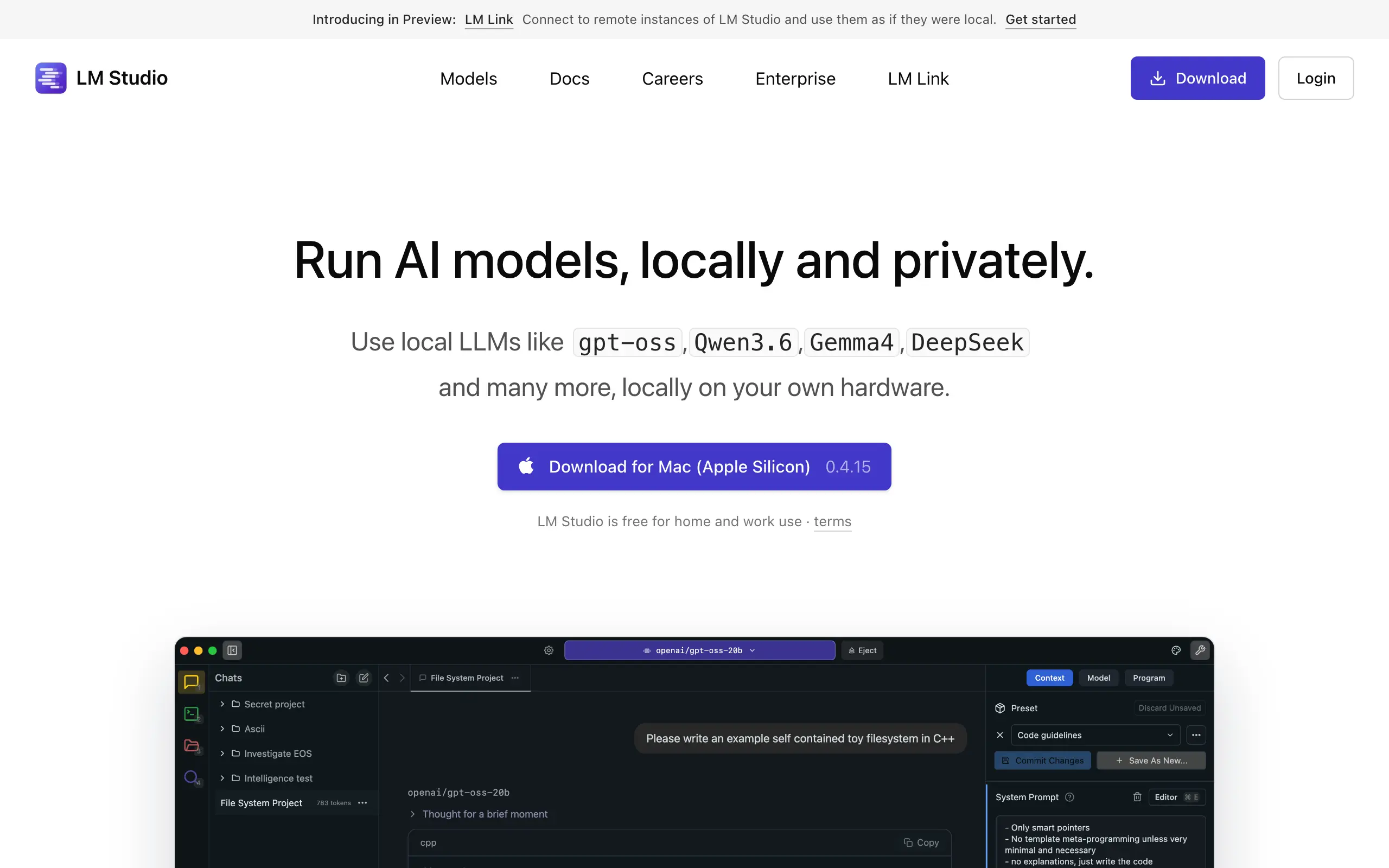 LM Studio homepage with the headline "Run AI models, locally and privately", a download button for Mac, and a screenshot of the desktop app interface