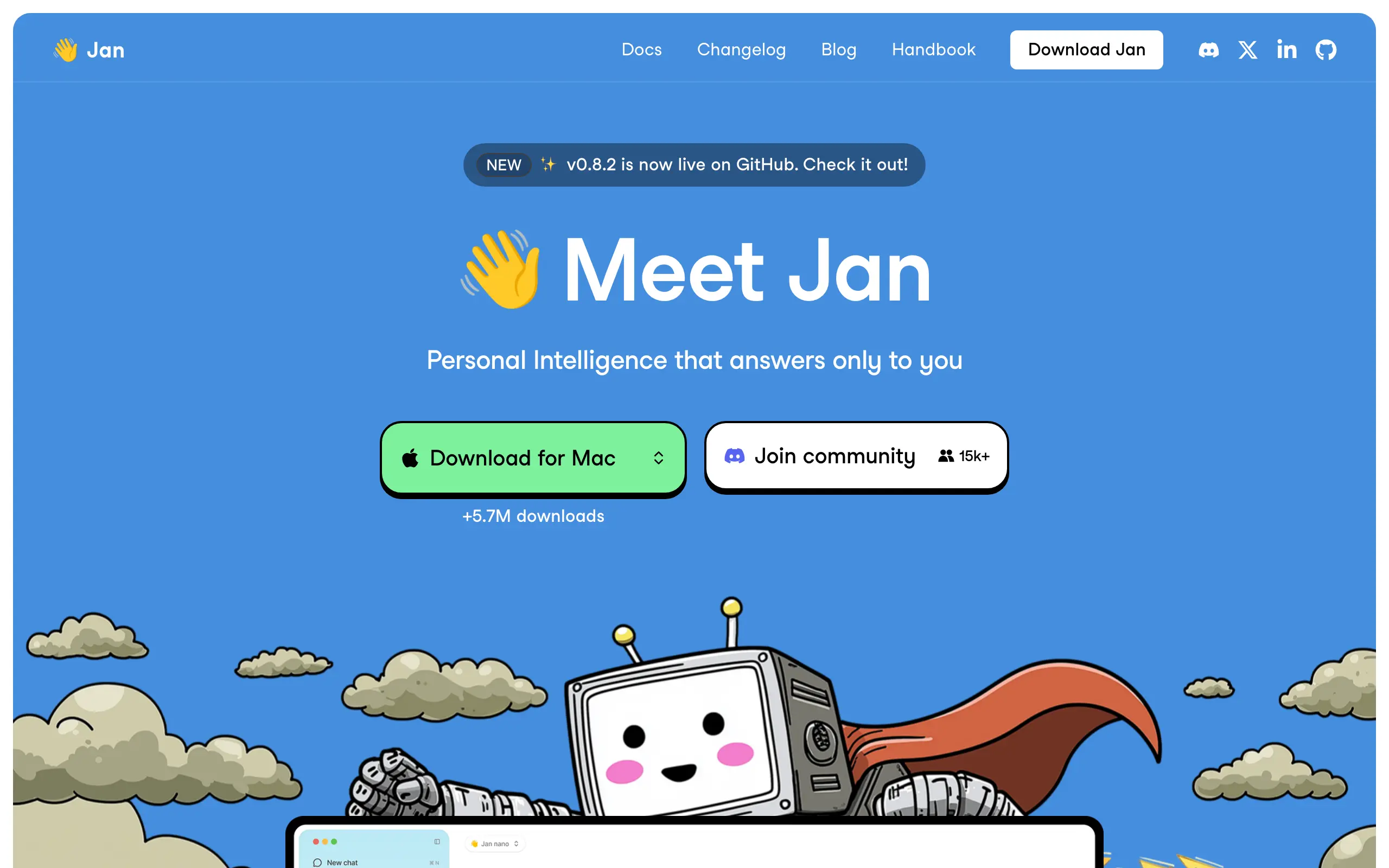 Jan.ai website with bright blue background, waving hand emoji, headline "Meet Jan — Personal Intelligence that answers only to you", download button, and a cartoon robot mascot