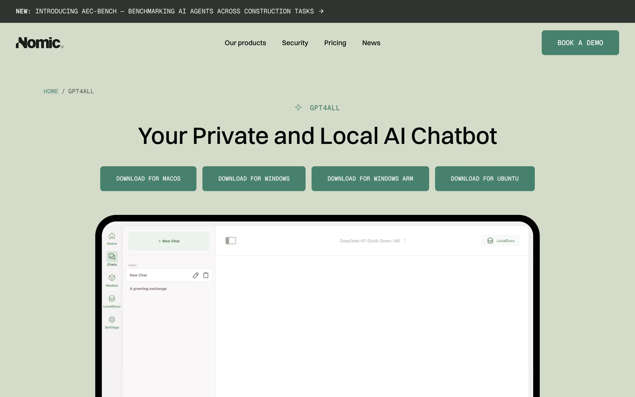 GPT4All product page on sage-green background with headline "Your Private and Local AI Chatbot", four download buttons for different OS, and a device mockup of the app