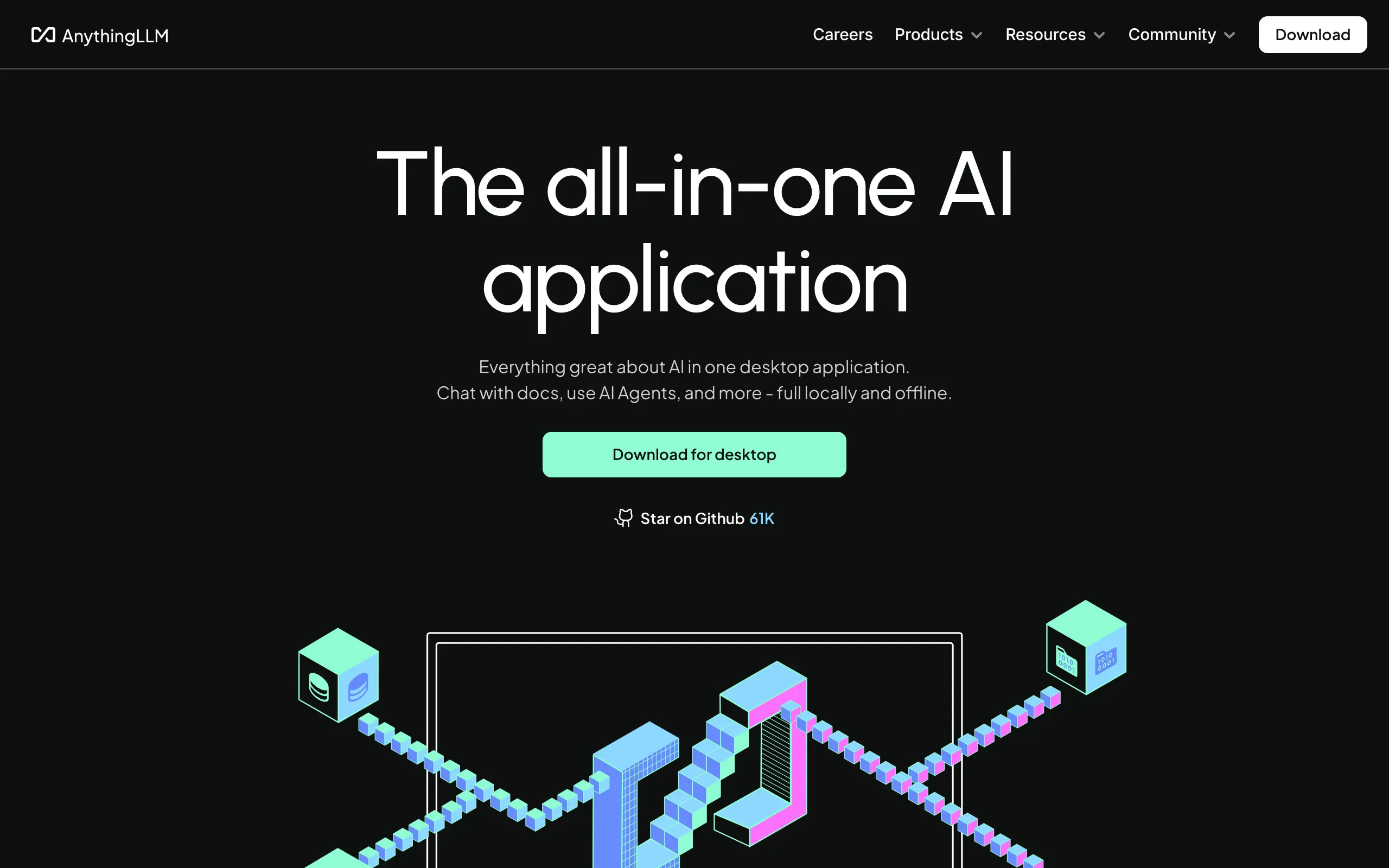 AnythingLLM homepage on black background with the headline "The all-in-one AI application" and isometric 3D illustration below