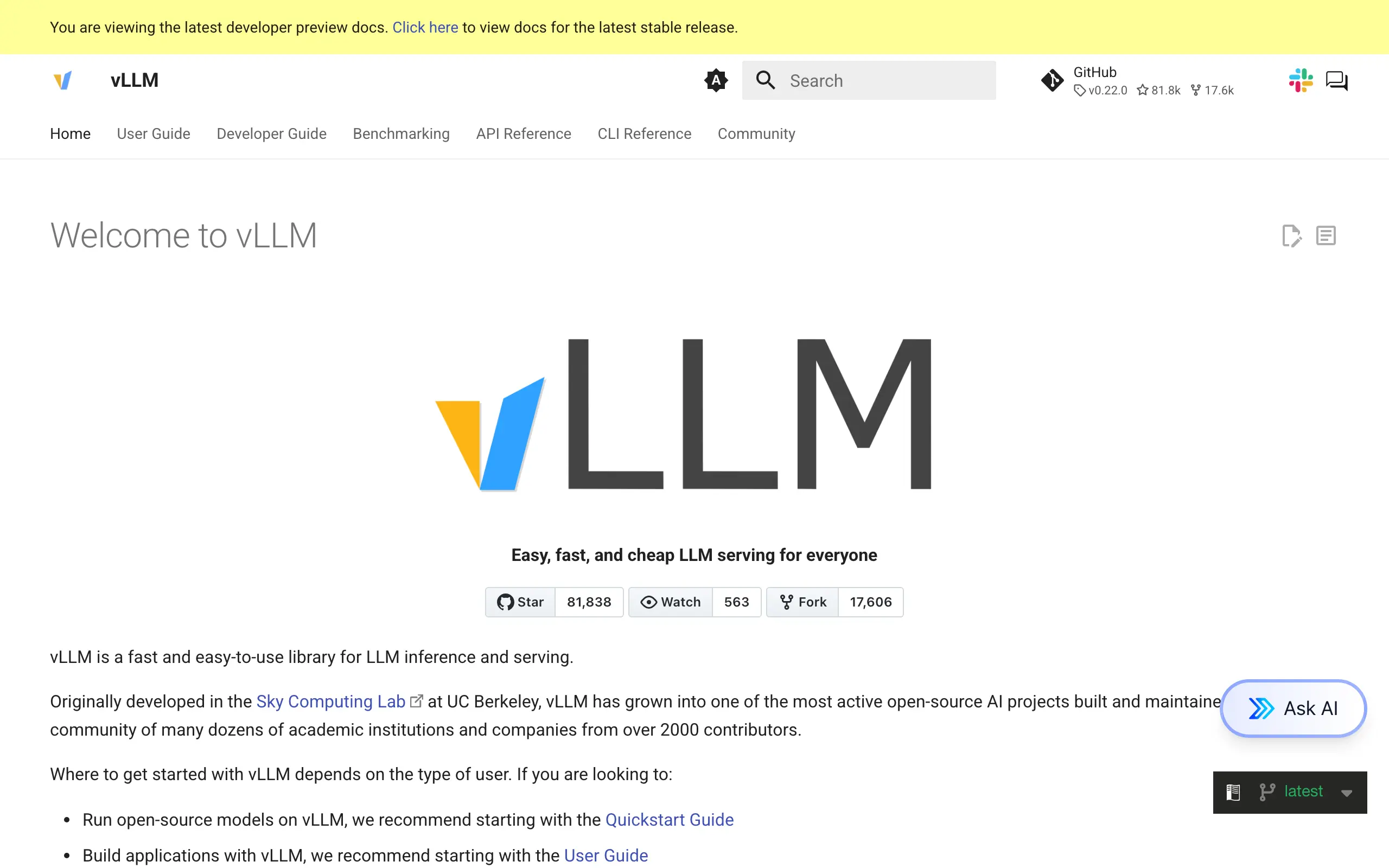 vLLM documentation homepage showing the vLLM logo, tagline "Easy, fast, and cheap LLM serving for everyone", GitHub star/fork counts, and intro text