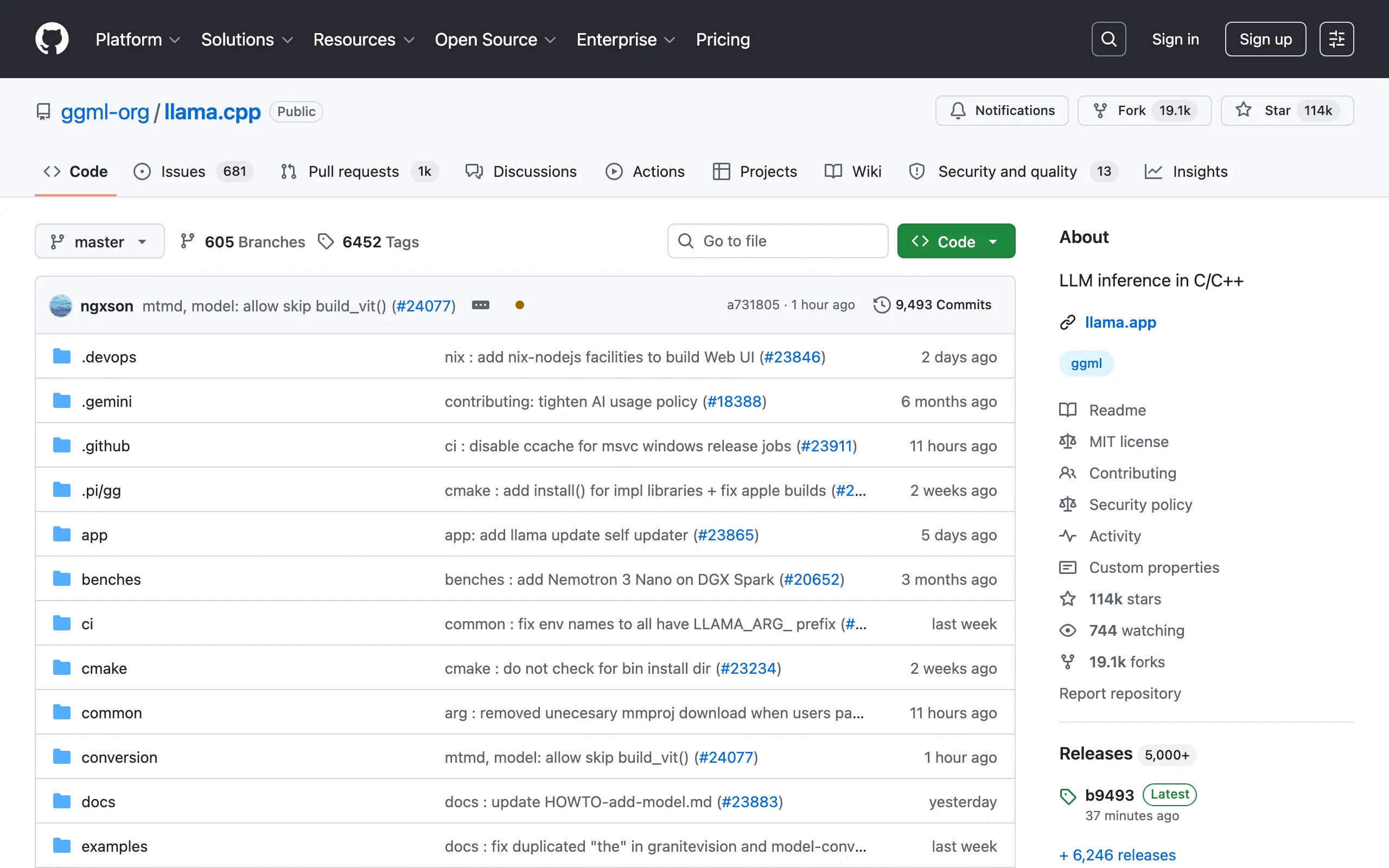 Screenshot of the llama.cpp GitHub repository (ggml-org/llama.cpp), showing the file browser, commit history, and sidebar with 114k stars and 19.1k forks