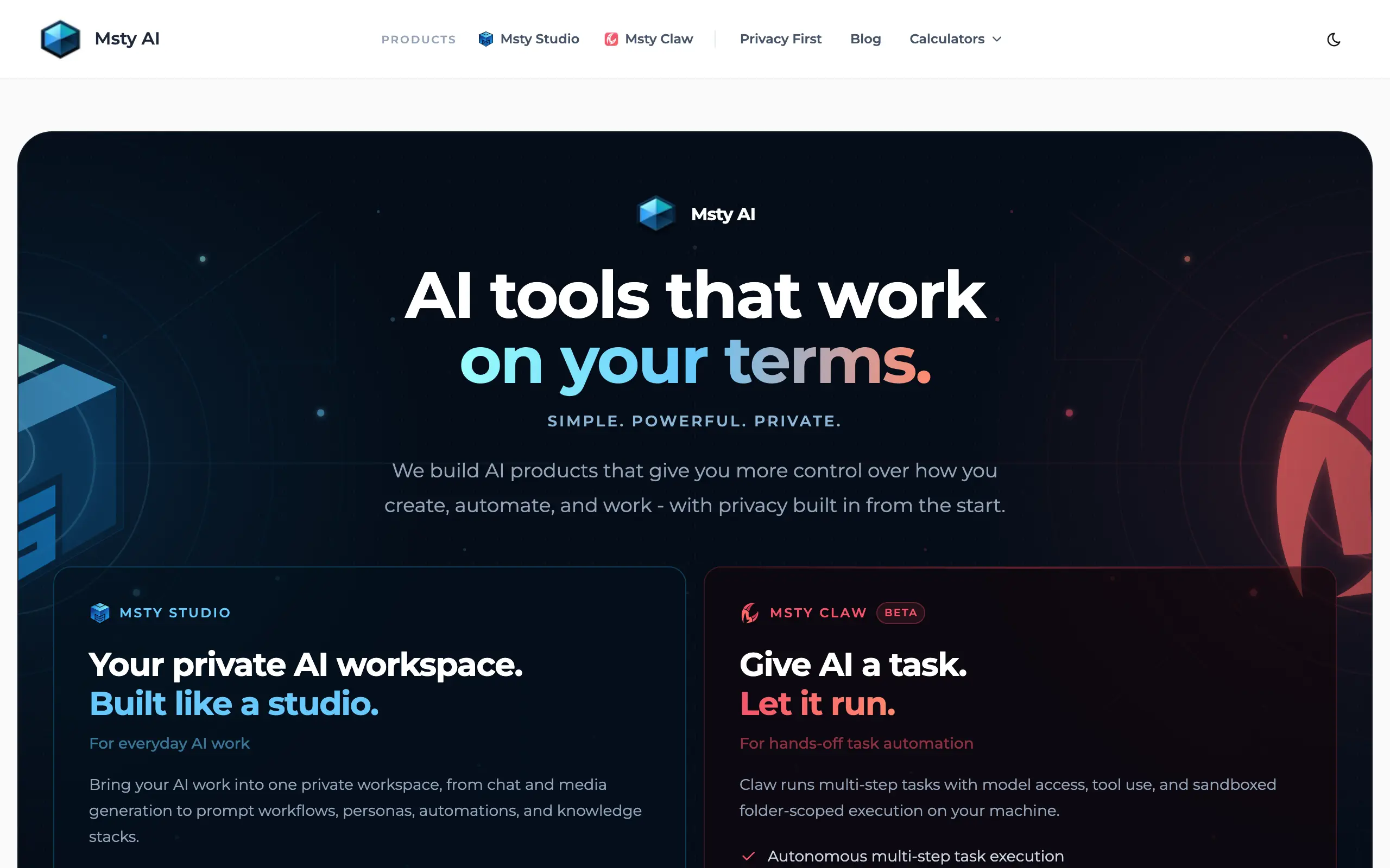 Msty AI homepage with a dark hero section, headline "AI tools that work on your terms. Simple. Powerful. Private." and two product cards — Msty Studio and Msty Claw