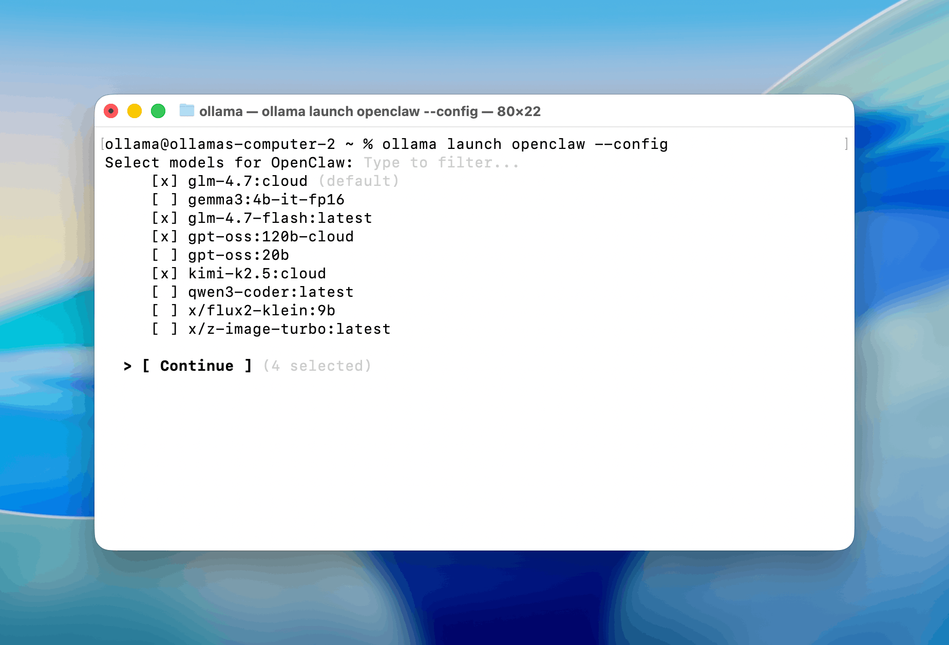 Ollama launch openclaw --config terminal showing model selection menu with local and cloud model options including glm-4.7:cloud, gpt-oss:120b:cloud, and kimi-k2.5:cloud — 4 models selected