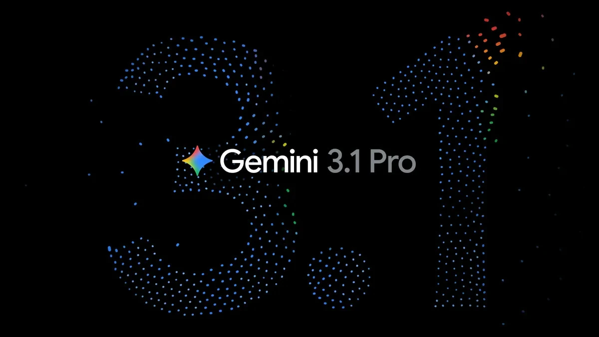 Gemini 3.1 Pro announcement card — "3.1" in large dot-pattern typography on a dark background, with the Gemini logo and wordmark centered over