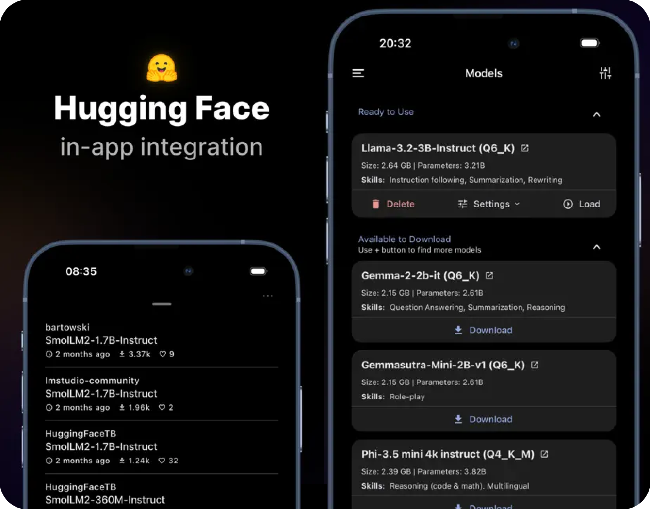 Two iPhone screenshots of the PocketPal AI mobile app showing Hugging Face in-app integration. Left: dark background with Hugging Face logo and "in-app integration" tagline, overlaid with a feed of model listings (SmolLM2-1.7B-Instruct from various authors with download counts). Right: Models screen split into "Ready to Use" and "Available to Download" sections, listing Llama-3.2-3B-Instruct, Gemma-2-2b-it, Gemmasutra-Mini-2B-v1, and Phi-3.5 mini, each with size, parameter count, and skill tags.