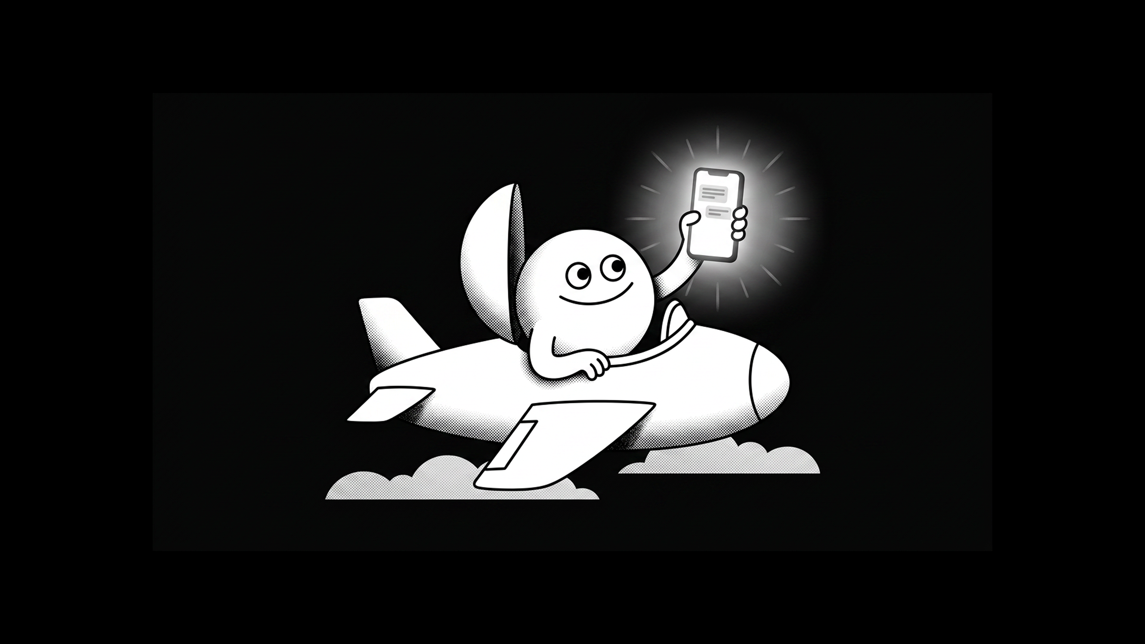 Black-and-white illustrated banner for Atomic Chat article featuring a round, friendly cartoon character — riding an airplane through the clouds. The mascot holds up a glowing smartphone with a chat interface on screen, rays of light radiating around it.