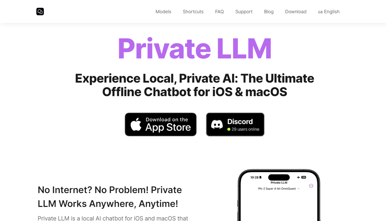 Homepage of Private LLM, a local AI chatbot for iOS and macOS. Large purple headline reads "Private LLM" with the subheading "Experience Local, Private AI: The Ultimate Offline Chatbot for iOS & macOS." Two CTA buttons: App Store download and Discord (29 users online). Below, a section headline reads "No Internet? No Problem! Private LLM Works Anywhere, Anytime!" with a partial iPhone screenshot showing the app running Phi-2 Super 4-bit OmniQuant.