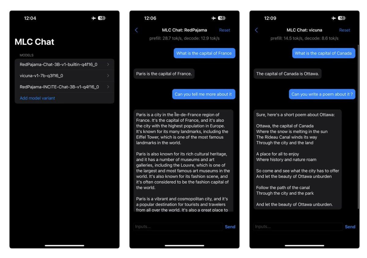  Three iPhone screenshots of MLC Chat on a dark background. Left: model selection screen listing RedPajama-Chat-3B, vicuna-v1-7b, and RedPajama-INCITE-Chat-3B with an "Add model variant" option. Center: chat with the RedPajama model — user asks about the capital of France and requests more detail; the model responds with a multi-paragraph overview of Paris. Right: chat with the Vicuna model — user asks about the capital of Canada and requests a poem; the model responds with a short poem about Ottawa.