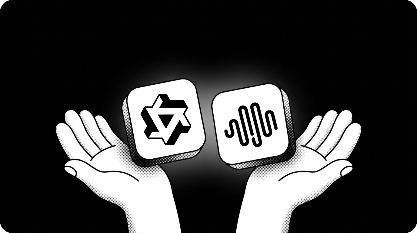 Black and white illustration of two open palms each holding an app icon: the left hand holds an icon with a geometric hexagonal/star-shaped logo, the right hand holds an icon with a sound wave or audio waveform symbol, against a black background