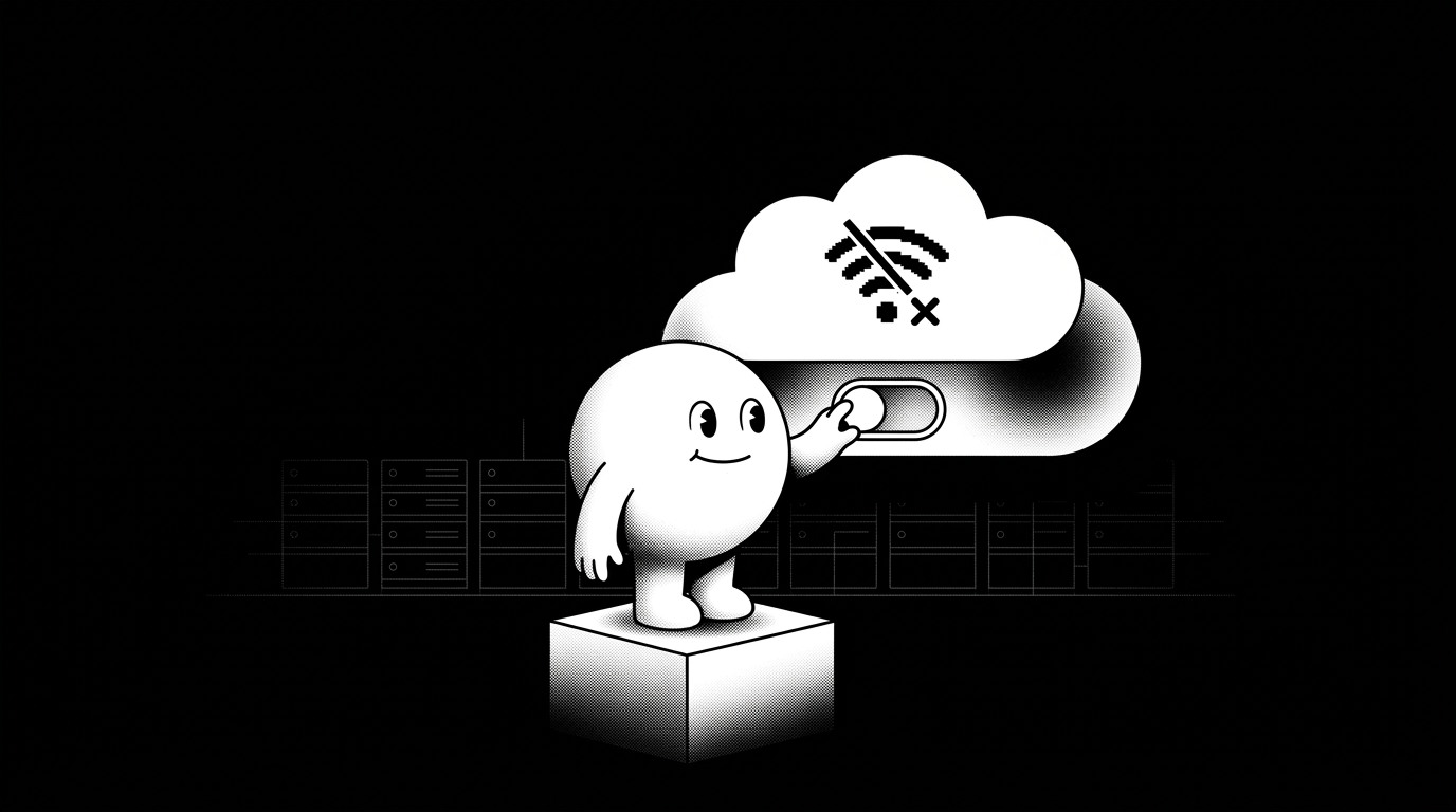 Black and white illustration of a round cartoon character standing on a cube, flipping a toggle switch to turn off a cloud with a crossed-out Wi-Fi symbol, with server racks visible in the dark background.
