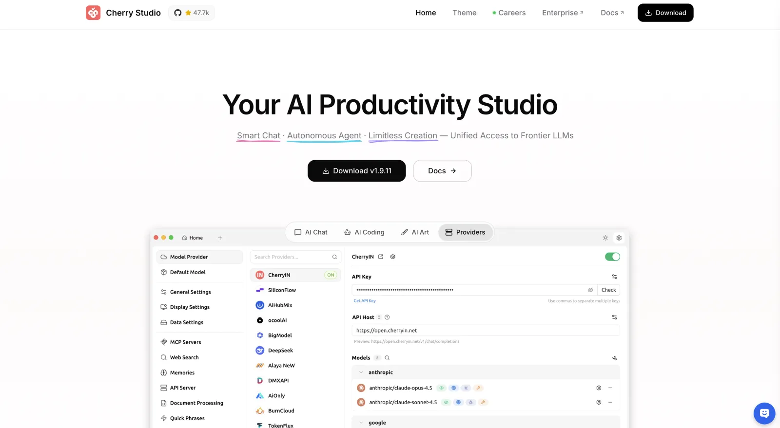 Cherry Studio AI workspace with multiple providers