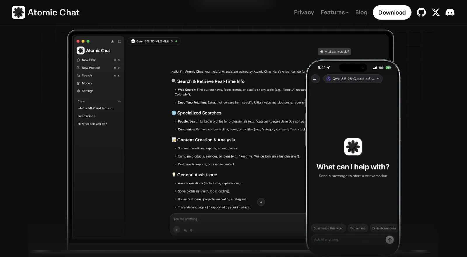 Atomic Chat local LLM app interface