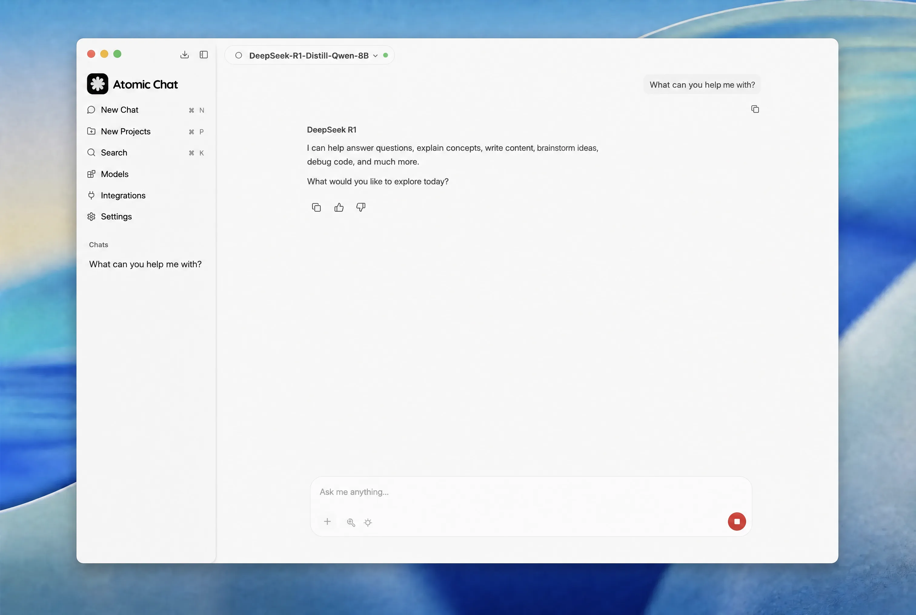 Atomic Chat chat window with DeepSeek R1 replying
