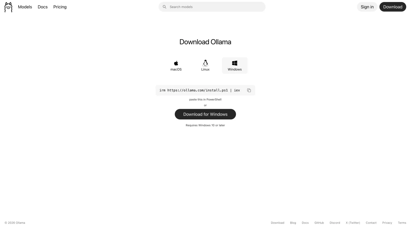 The Ollama download page with macOS, Linux, and Windows options