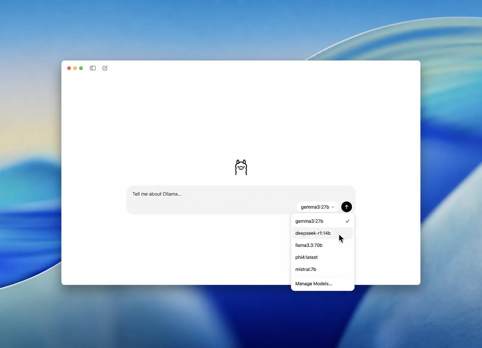 Ollama app with the model dropdown open and the cursor on DeepSeek R1