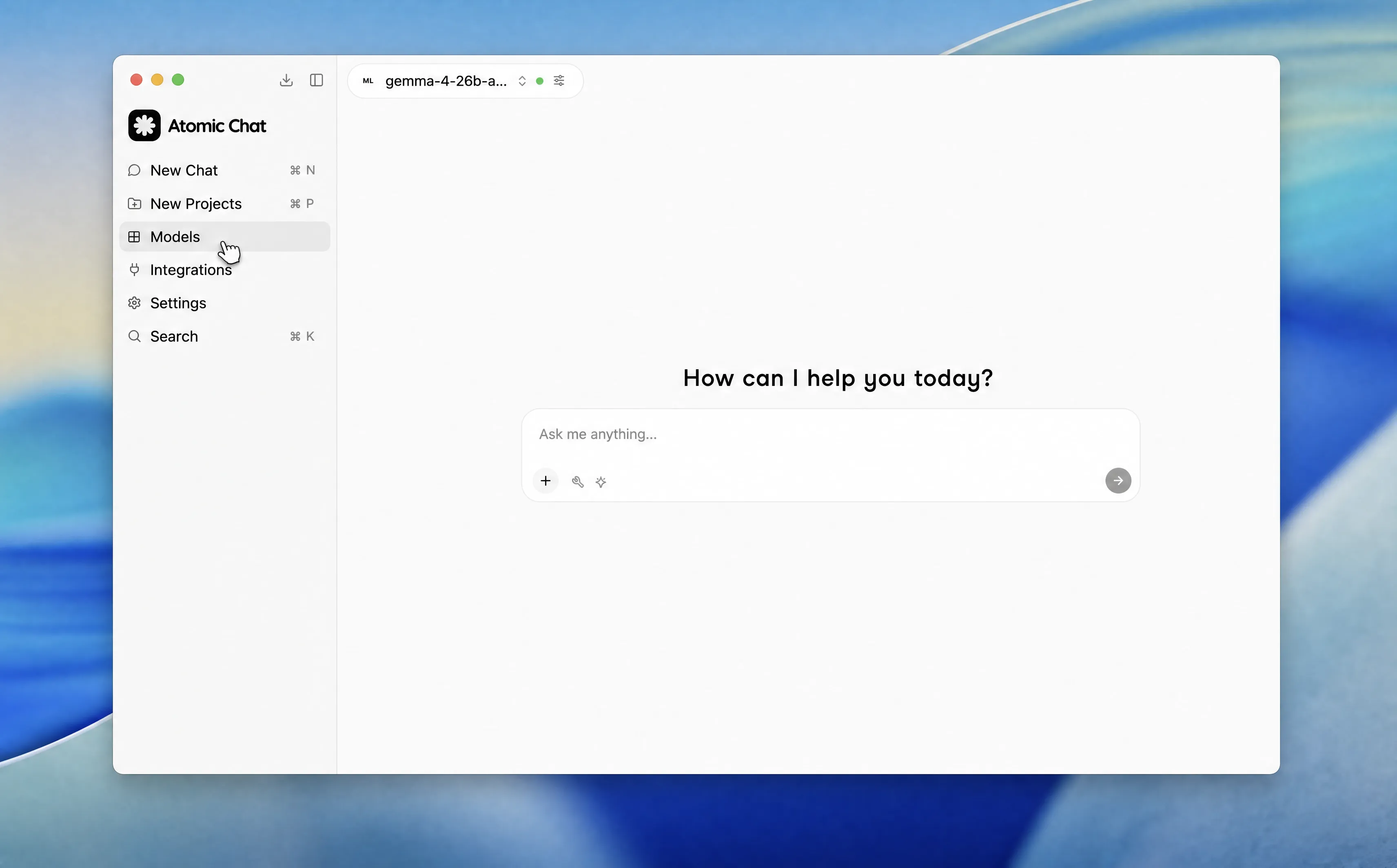 Opening the Models section in the Atomic Chat sidebar
