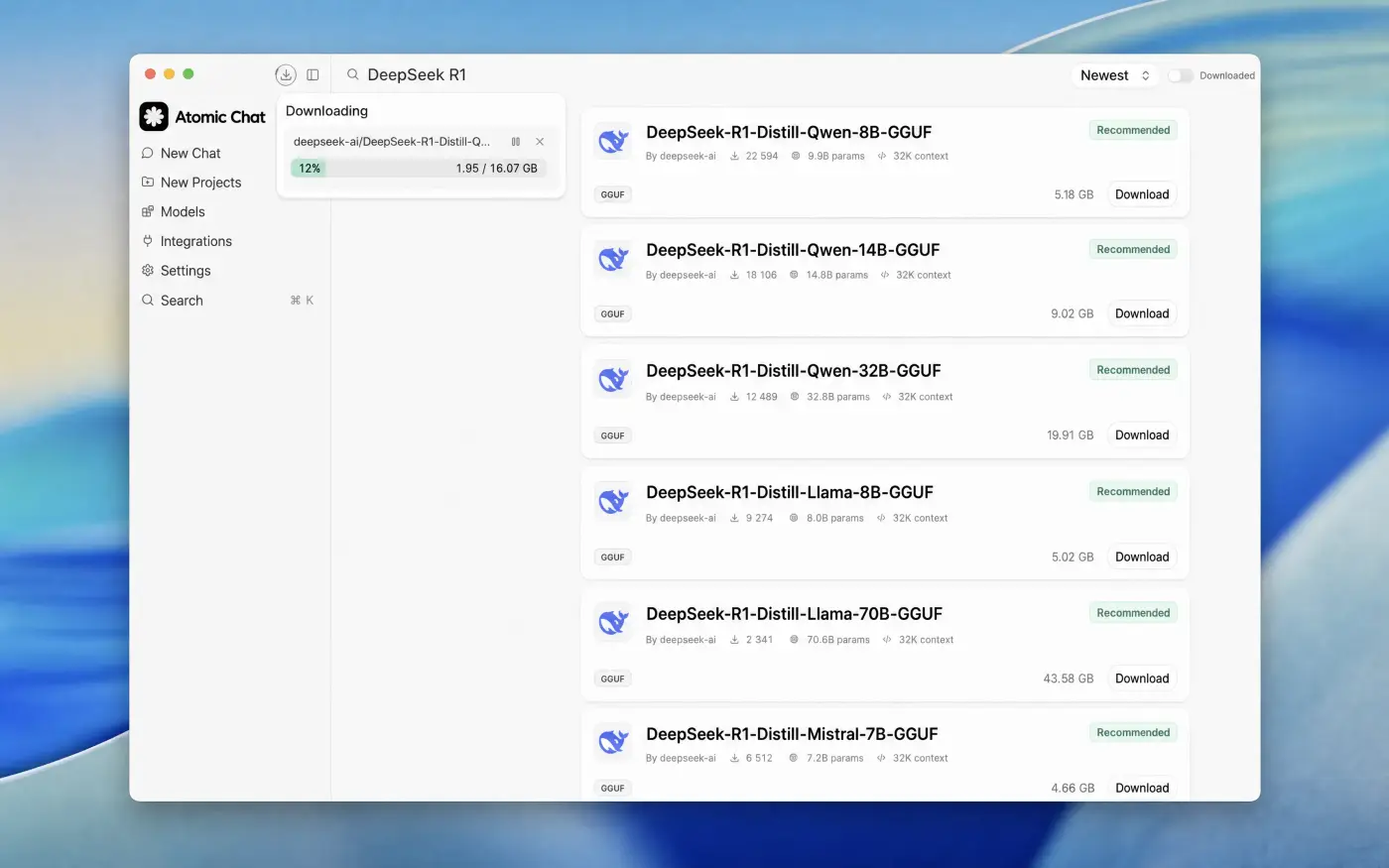 Atomic Chat showing DeepSeek R1 models with one downloading