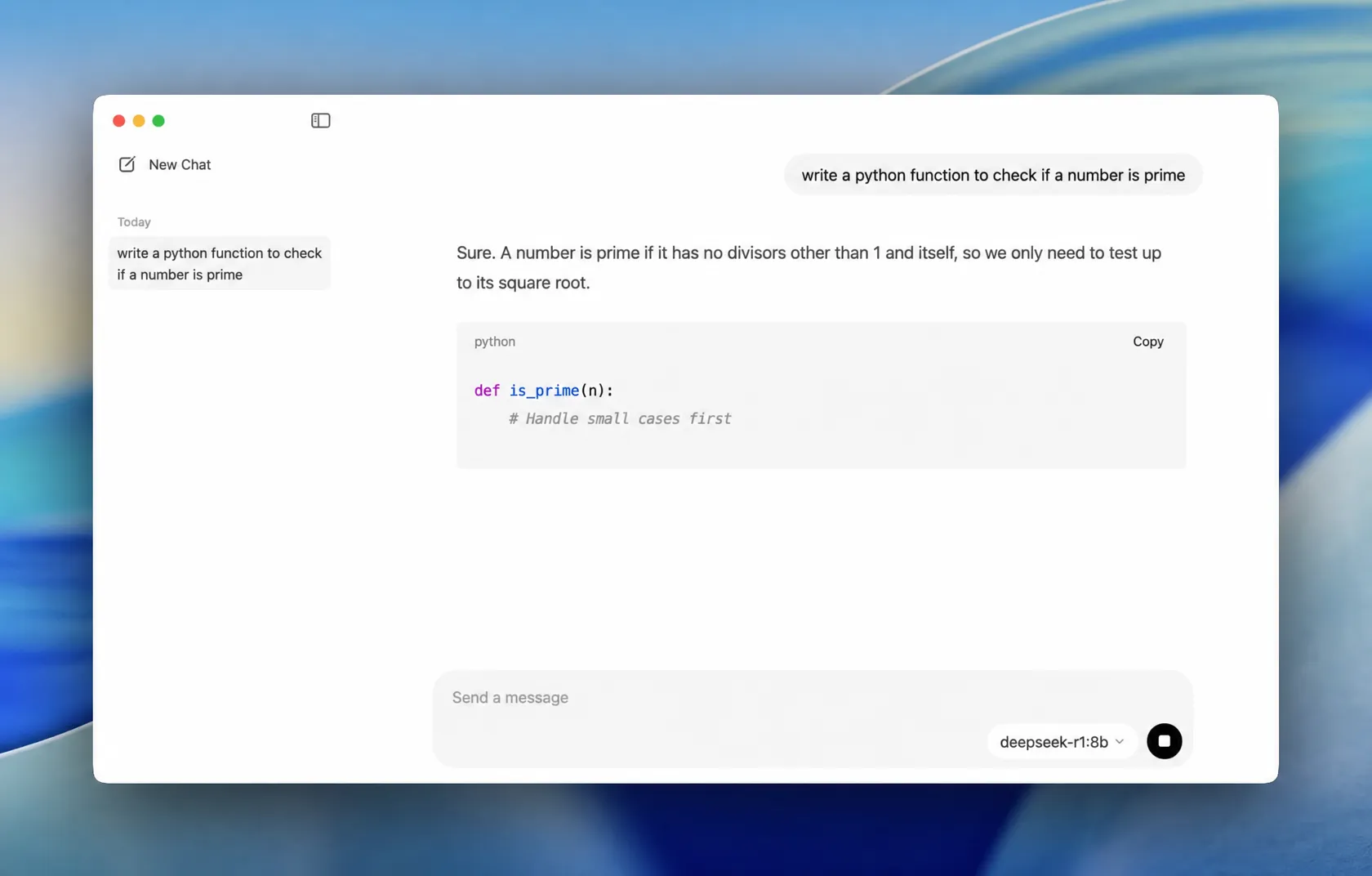 Ollama chat window with DeepSeek R1 answering a coding question