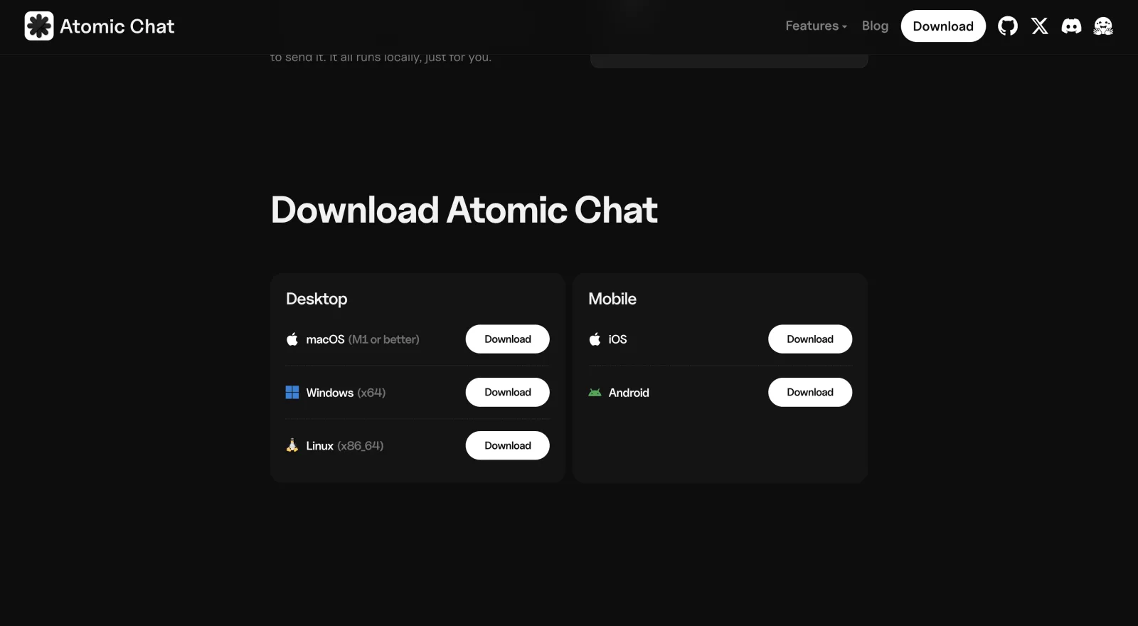 The Atomic Chat download page with desktop and mobile options