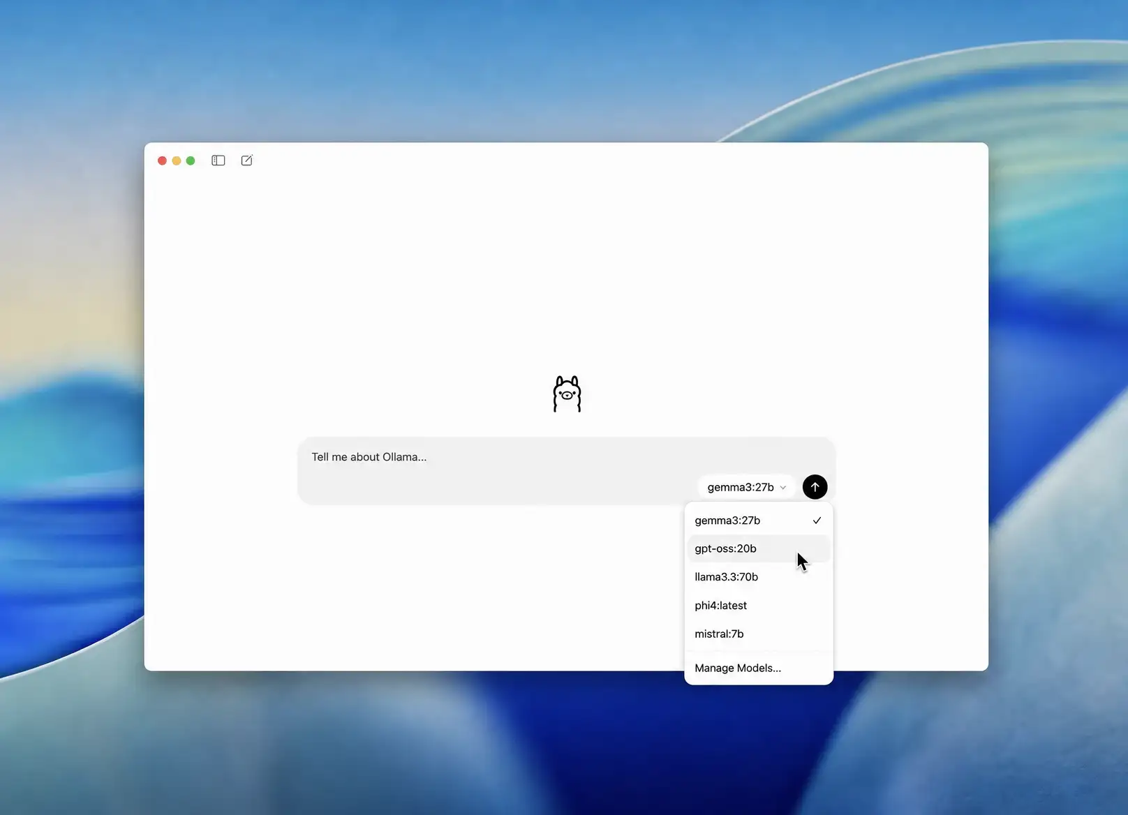 The Ollama app with the model dropdown open on gpt-oss