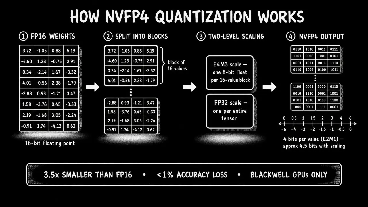 How NVFP4 quantization works: FP16 weights are split into 16-value blocks, scaled with an E4M3 per-block scale plus an FP32 per-tensor scale, then stored as 4-bit E2M1 codes.