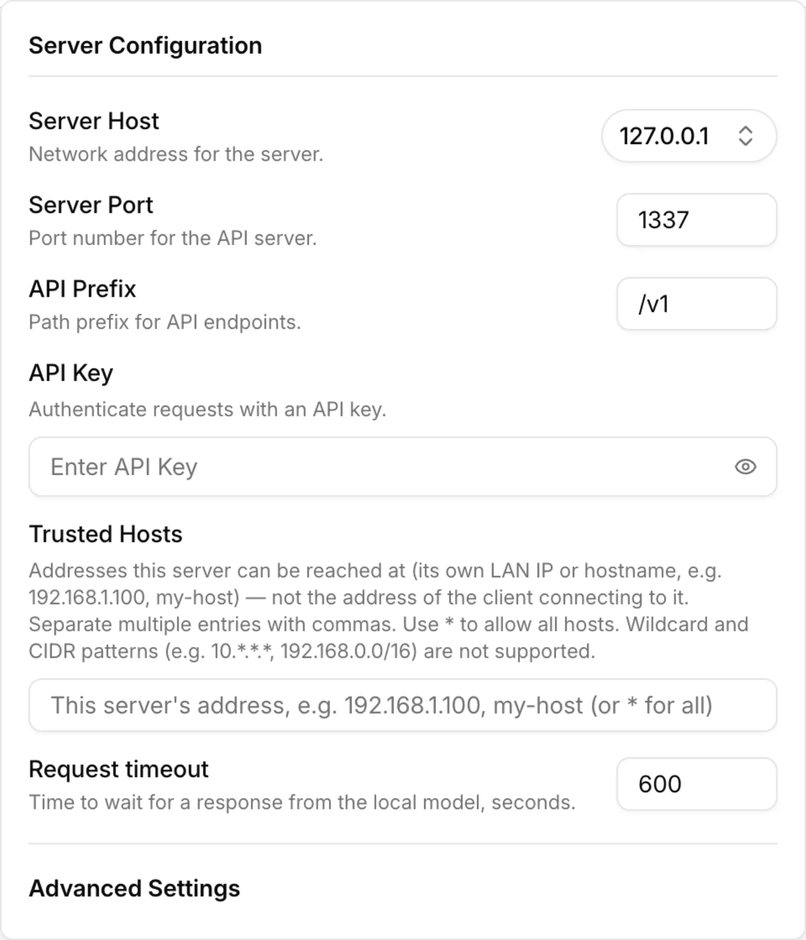 Atomic Chat server configuration — 127.0.0.1:1337/v1