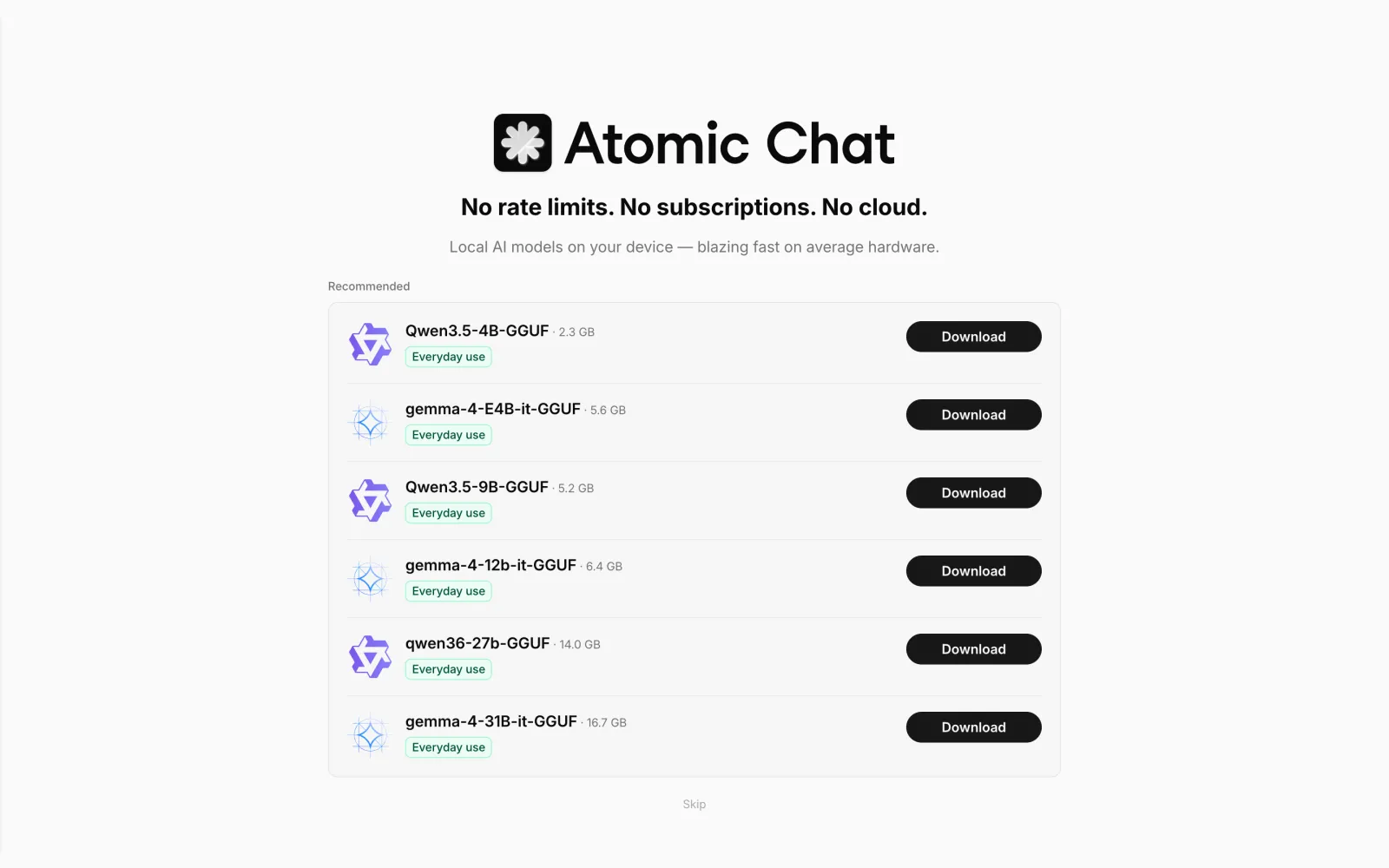 First run — pick and download a local model