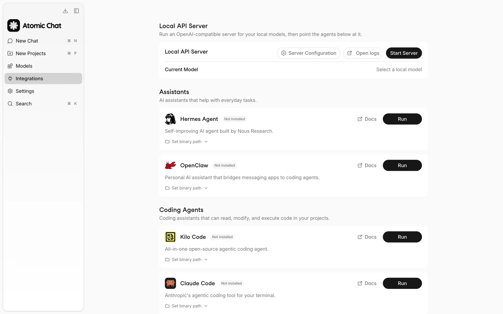 Atomic Chat Integrations tab