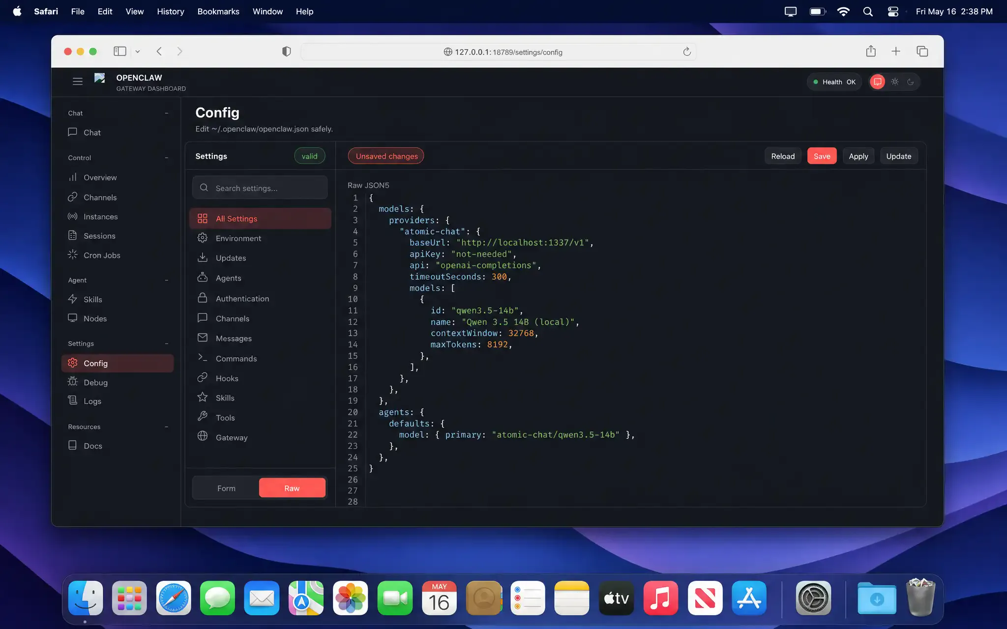 OpenClaw config pointing at Atomic Chat's local endpoint