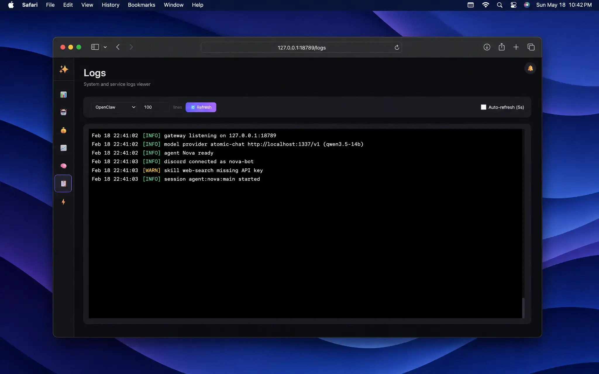 OpenClaw logs — atomic-chat provider