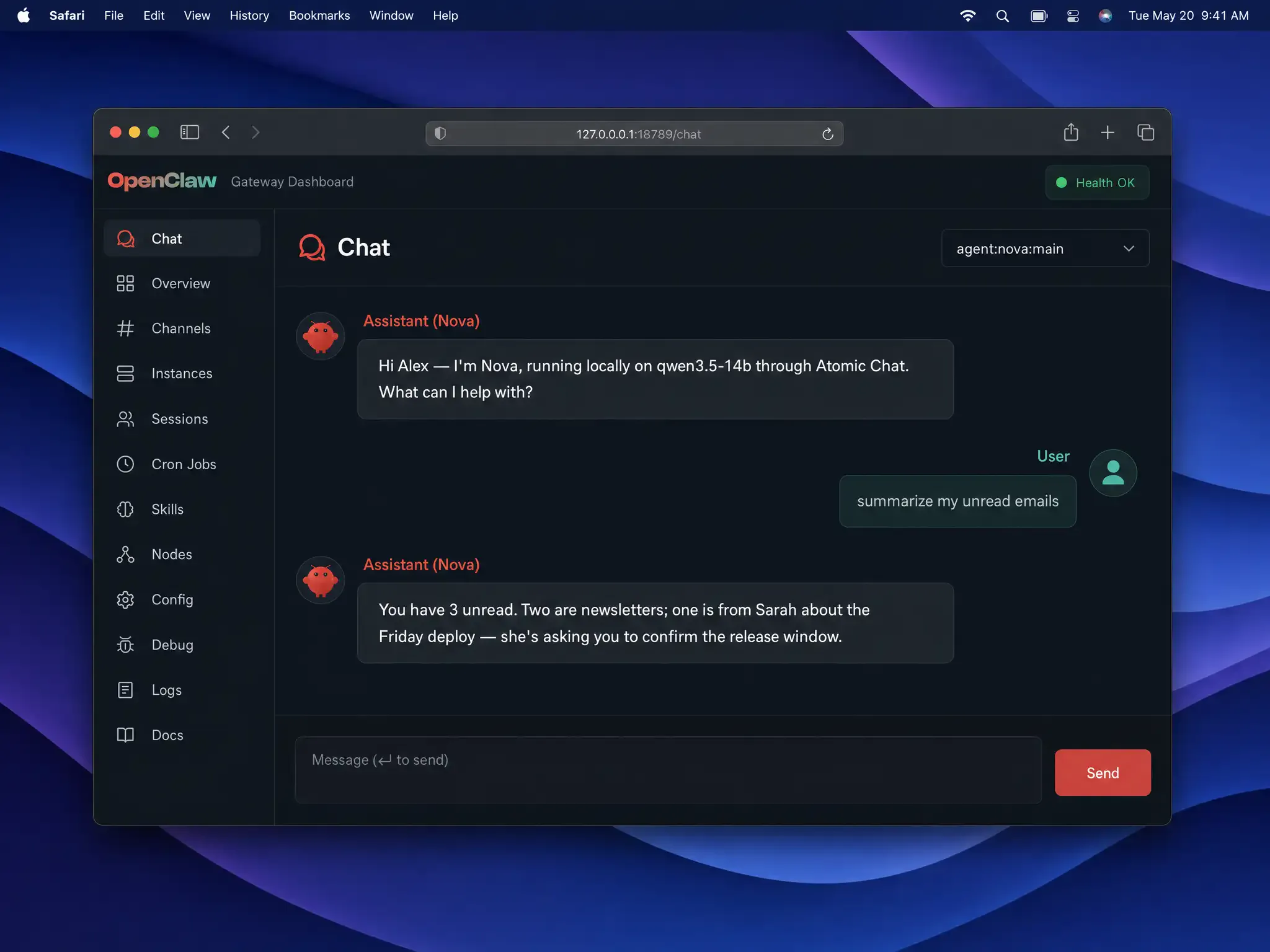 OpenClaw Control UI chat with the local agent