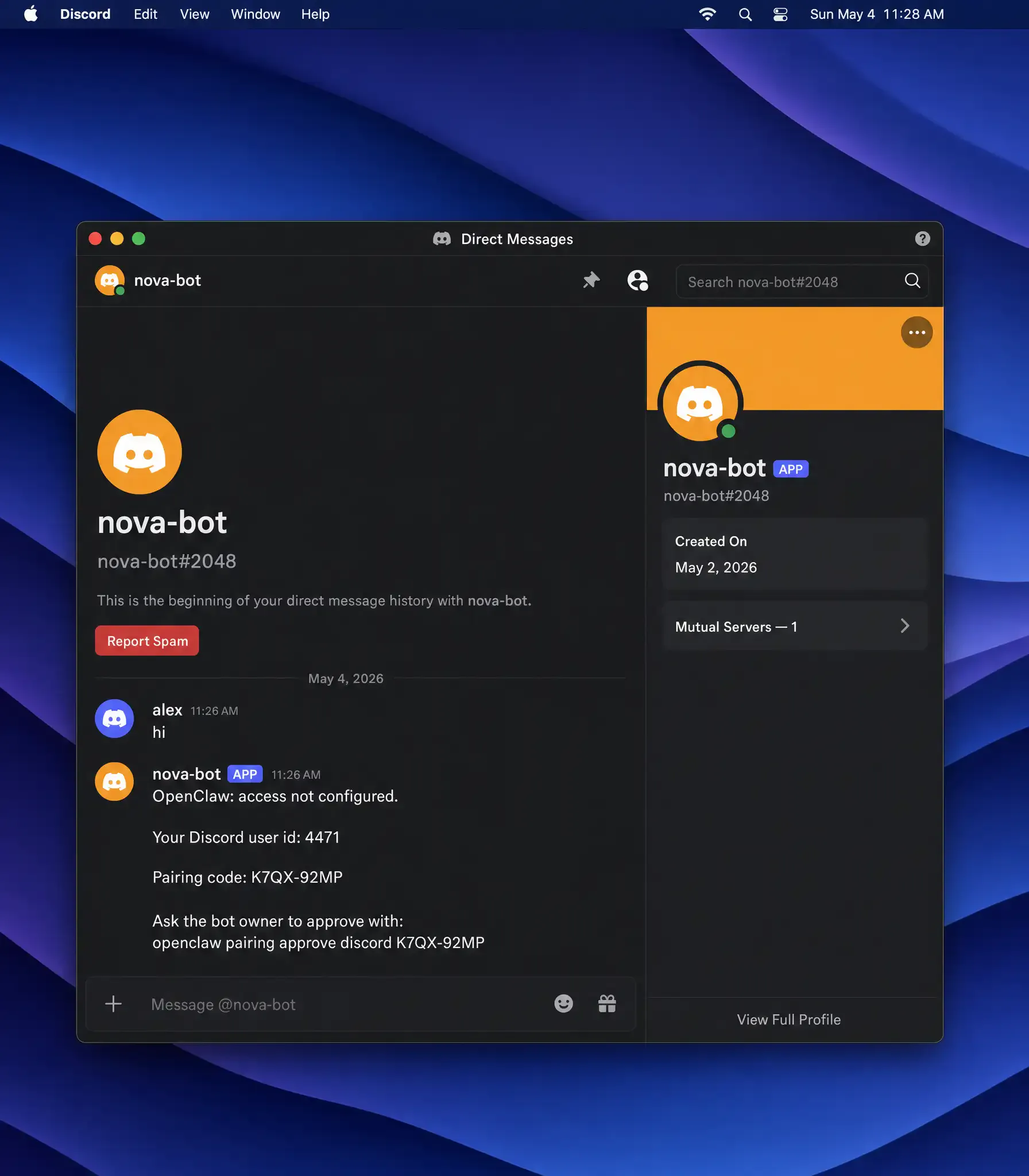 Discord DM pairing code