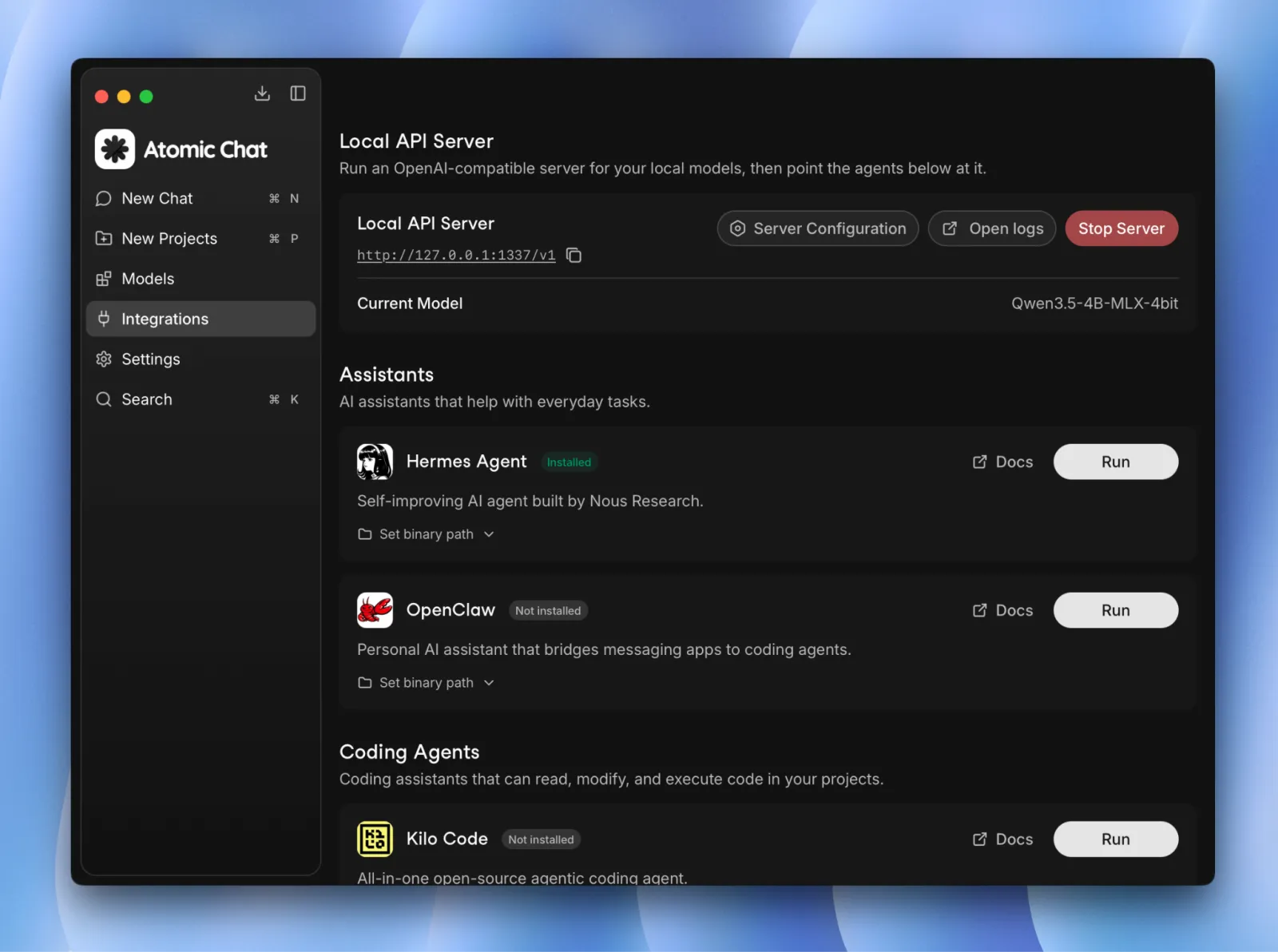 The Atomic Chat Integrations tab with the local API server running and one-click agent launchers