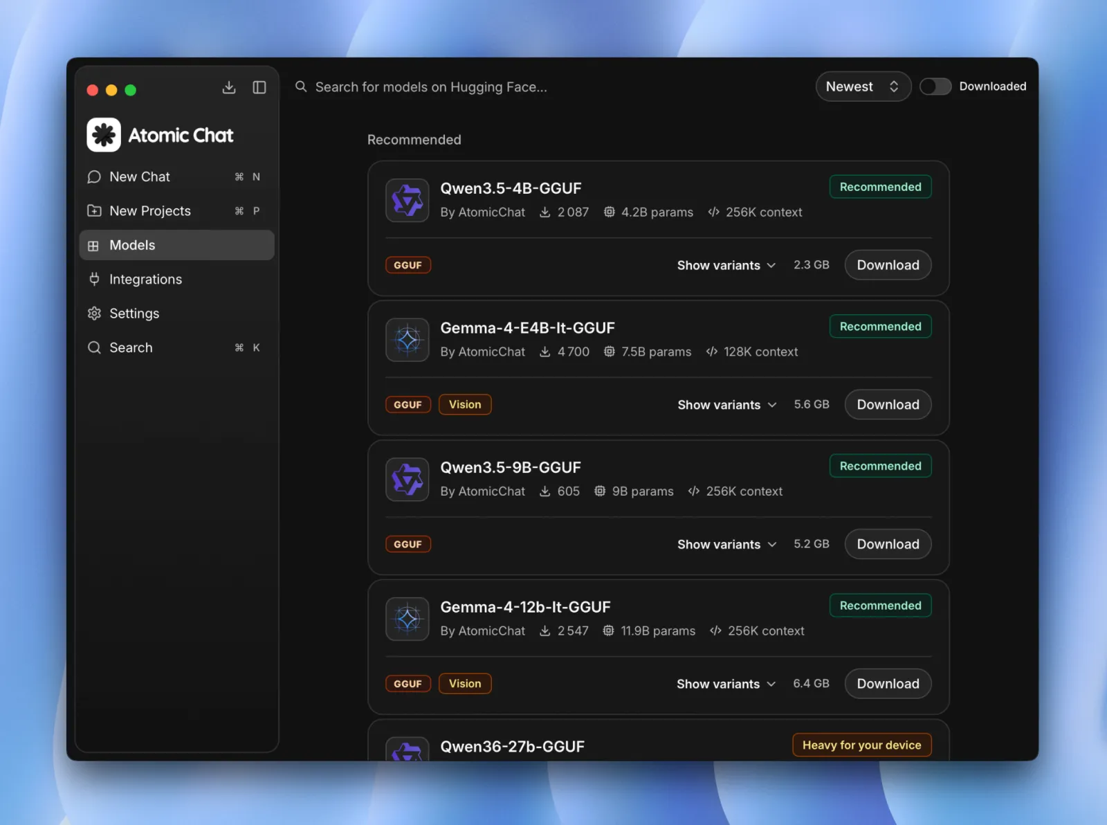 The Atomic Chat Models tab showing recommended models from Hugging Face
