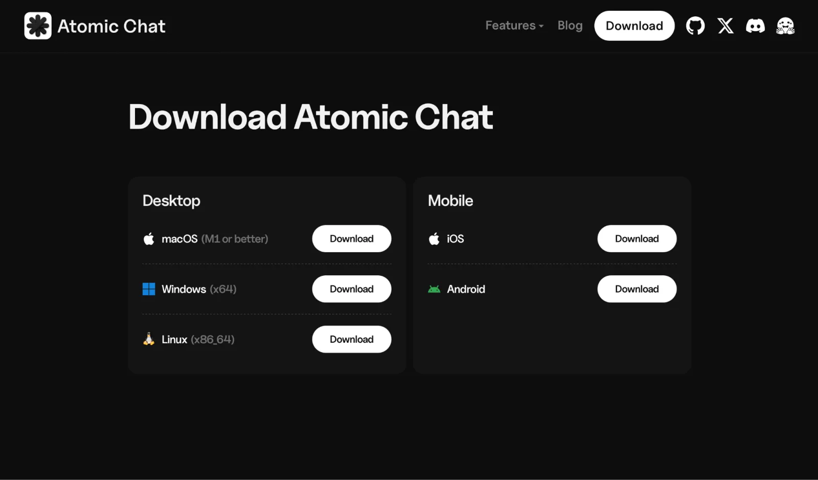 The Download Atomic Chat page with desktop and mobile options