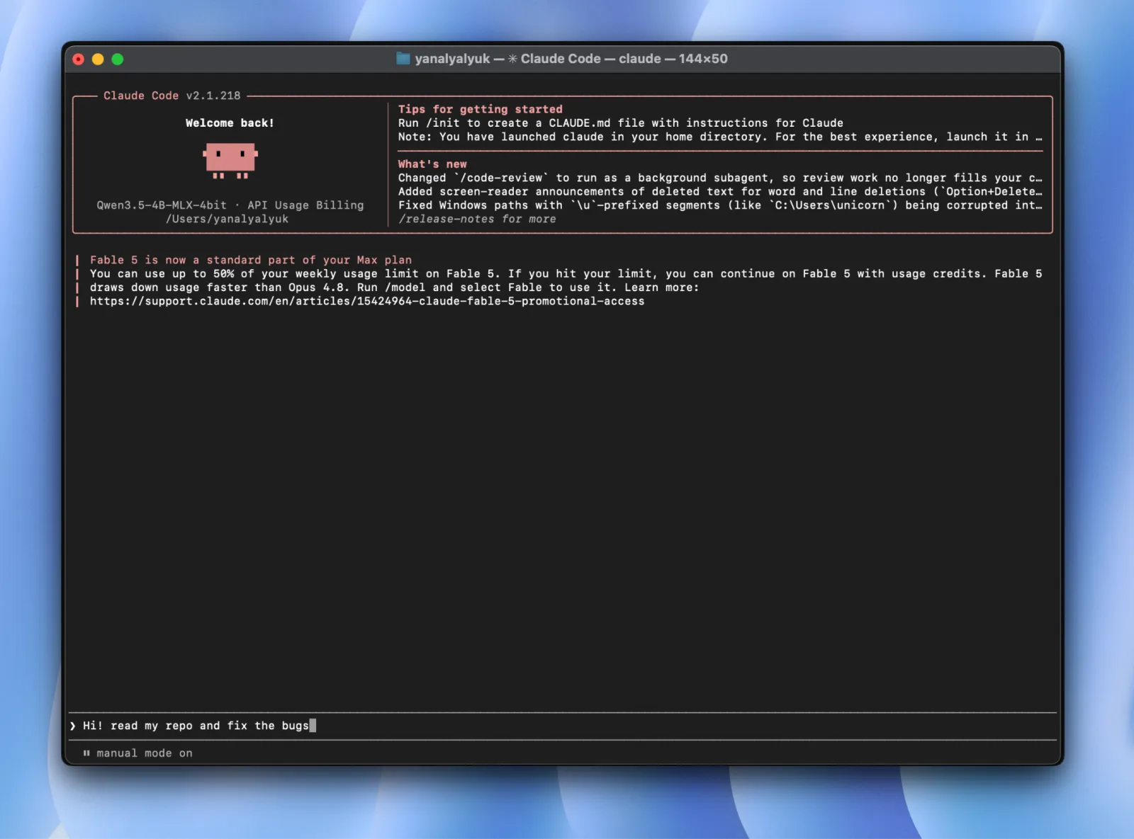 Claude Code running against a local model, prompted to read the repo and fix bugs