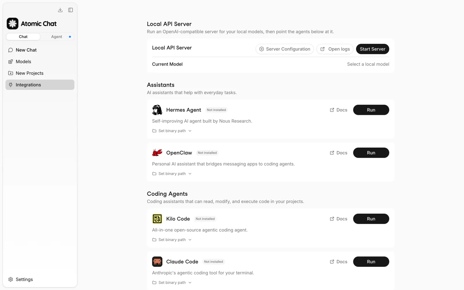 Atomic Chat Integrations tab with the Local API Server and Hermes card