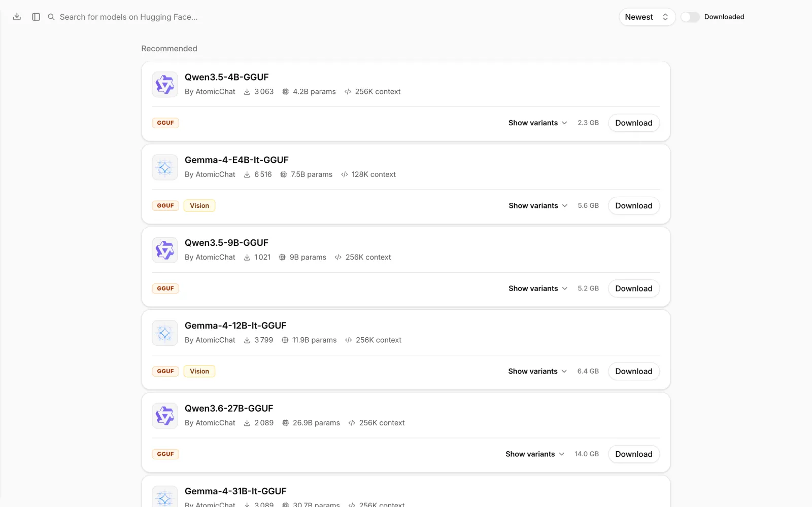 Atomic Chat models hub
