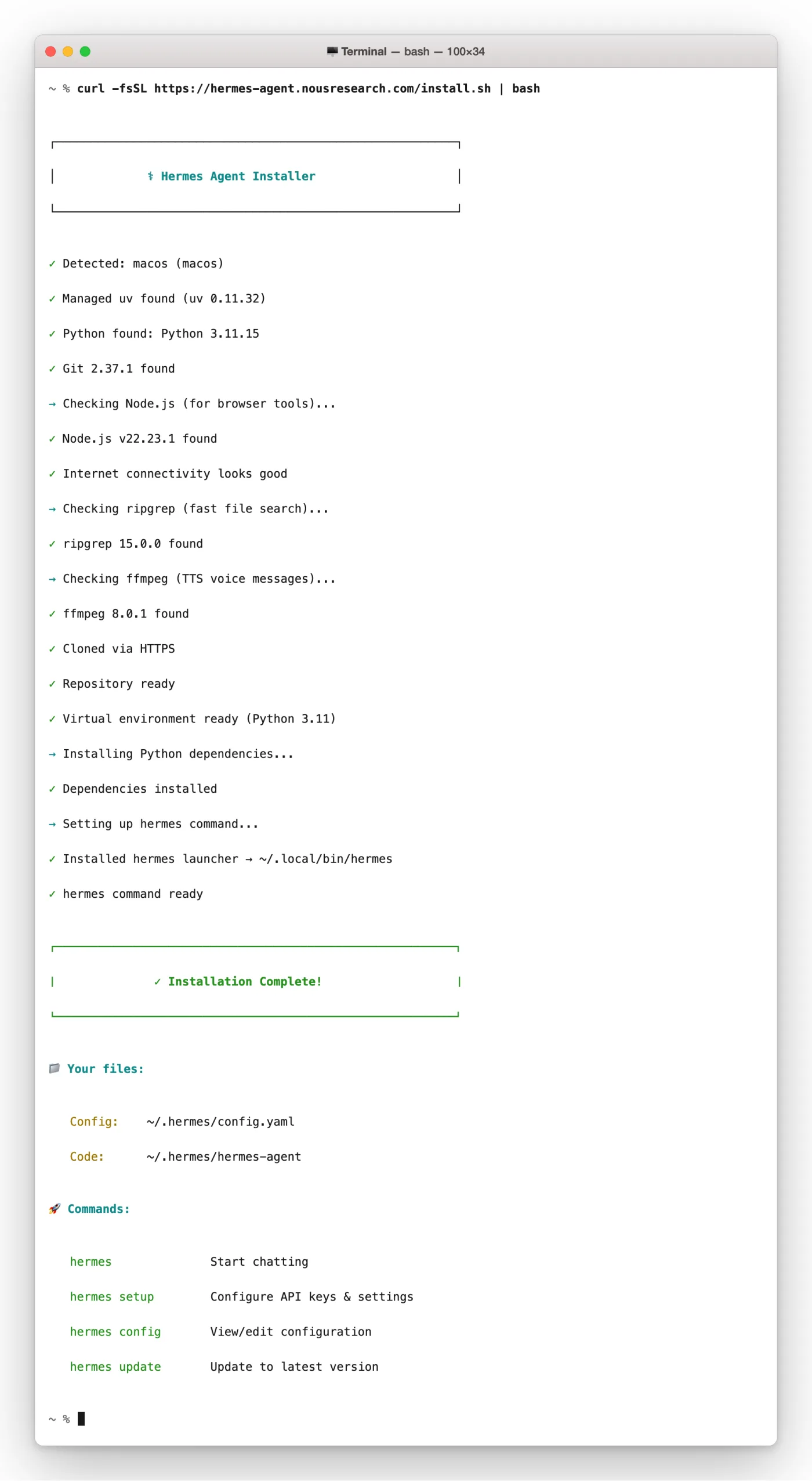 Hermes install script running in the terminal