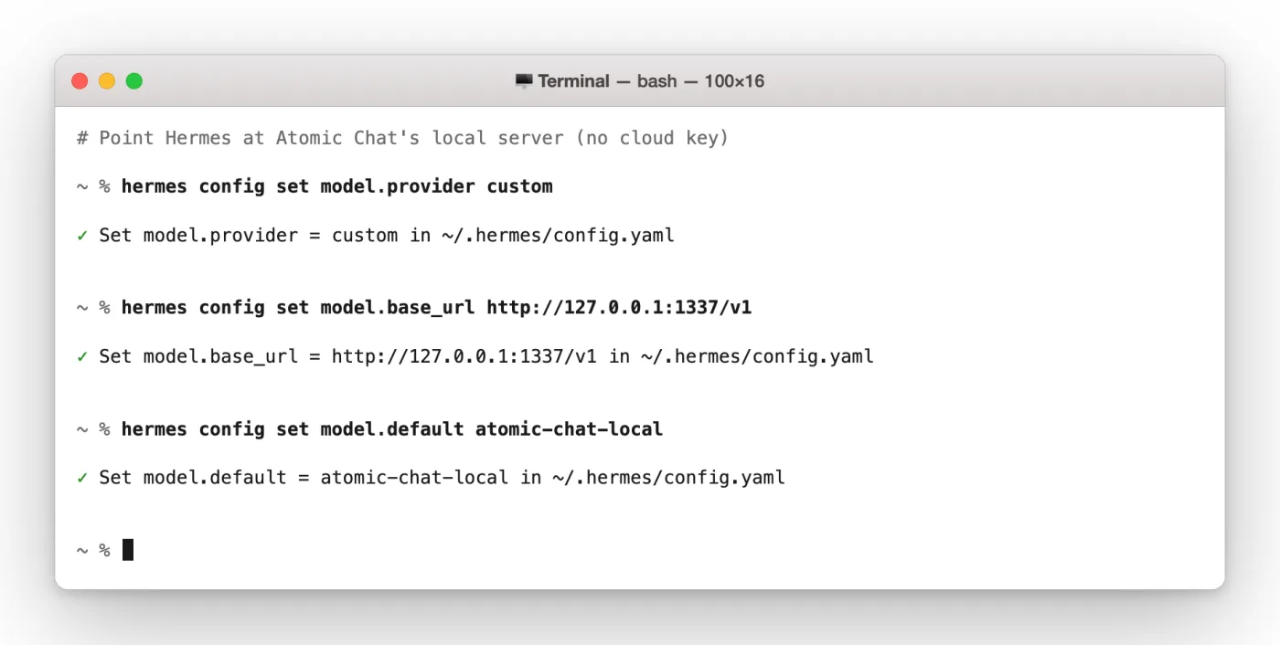 hermes config set commands pointing at the local endpoint