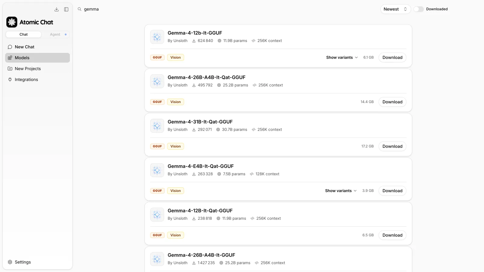 Searching for Gemma models in the Atomic Chat catalog