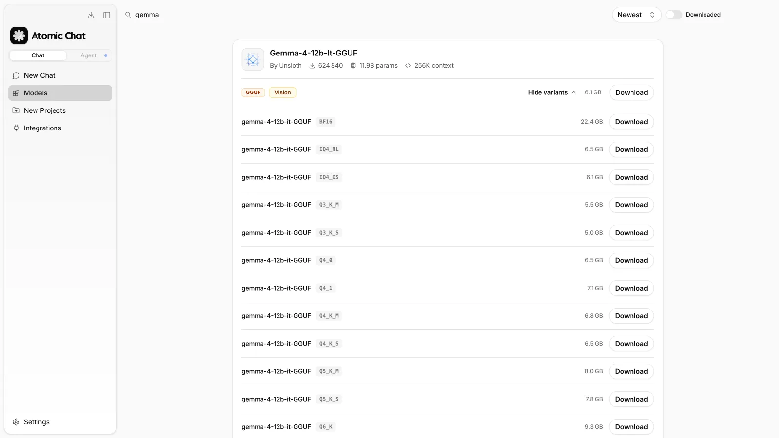 Gemma 4 12B quantization variants with file sizes